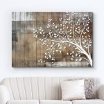 Large White Tree Branch With Leaves On Wood Effect Background Wall Art  on Canvas
