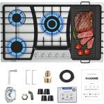 36 Inch Gas Cooktop with Griddle, Gas Stove Top with 5 Burners, Reversible Cast Iron Grill/Griddle, NG/LPG Convertible, with Thermocouple Protection, Stainless Steel