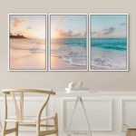 Aesthetic Sunset on Teal Ocean Coastal Beach Shore Framed Canvas 3 Pieces Print Triptych Wall Art