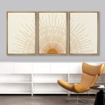 Bright Mid-Century Modern Orange Minimal Sun ShineArt Boho Decor Framed Canvas 3 Pieces Print Set