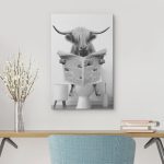 Funny Bathroom Decor Black and White Highland Cow Sit On Toilet Large Framed Canvas Print Wall Art