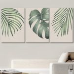 Green Tropical Island Monstera Palm Tree Leaves Picture Framed Canvas 3 Piece Print Set Wall Art