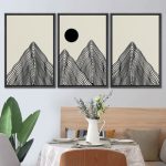 Mid-century Modern Boho Minimalistic Abstract Mountain Sun Wall Art Framed On Canvas 3 Pieces Print
