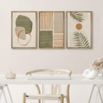 Mid Century Modern Boho Organic  Green Tropical Leaf Abstract  Framed Canvas 3 Pieces Print Wall Art