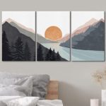 Sun Mountain Landscape Range Abstract Lake Nature Wall Art Decor Framed Canvas 3 Pieces Print Set