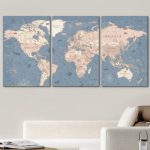 World Map Large Blue Global Antique - Framed Canvas 3 Piece Print Triptych Set Wall Art