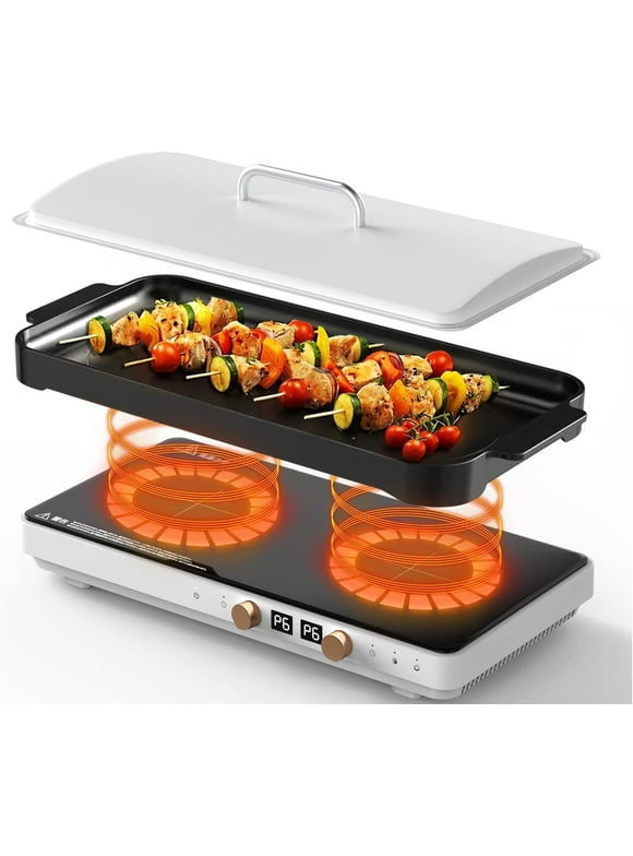 b11e0653-c959-4422-95bb-ec4803abcf95.209b3f7eda1c8875663b2367629ba593.jpeg Induction Cooktop, 120V 1800W Electric Cooktop 2 Burner with Removable Griddle Pan, 8 Gears Heating, Timer, Great for Home Party BBQ - Image 1