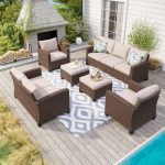 Argyri 9 - Person Outdoor Wicker Patio Conversation Furniture Set with Fire Pit Table
